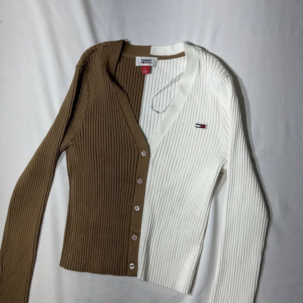 Tommy Jeans Two-Tone Ribbed Knit Button-Up  Size S Cardigan In White & Brown - Picture 4 of 10